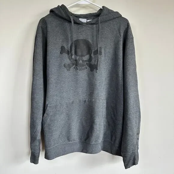 Utility Mens MEDIUM Skull Crossbones Hoodie Vintage Y2K Skater Goth Baggy Grey - Picture 1 of 11